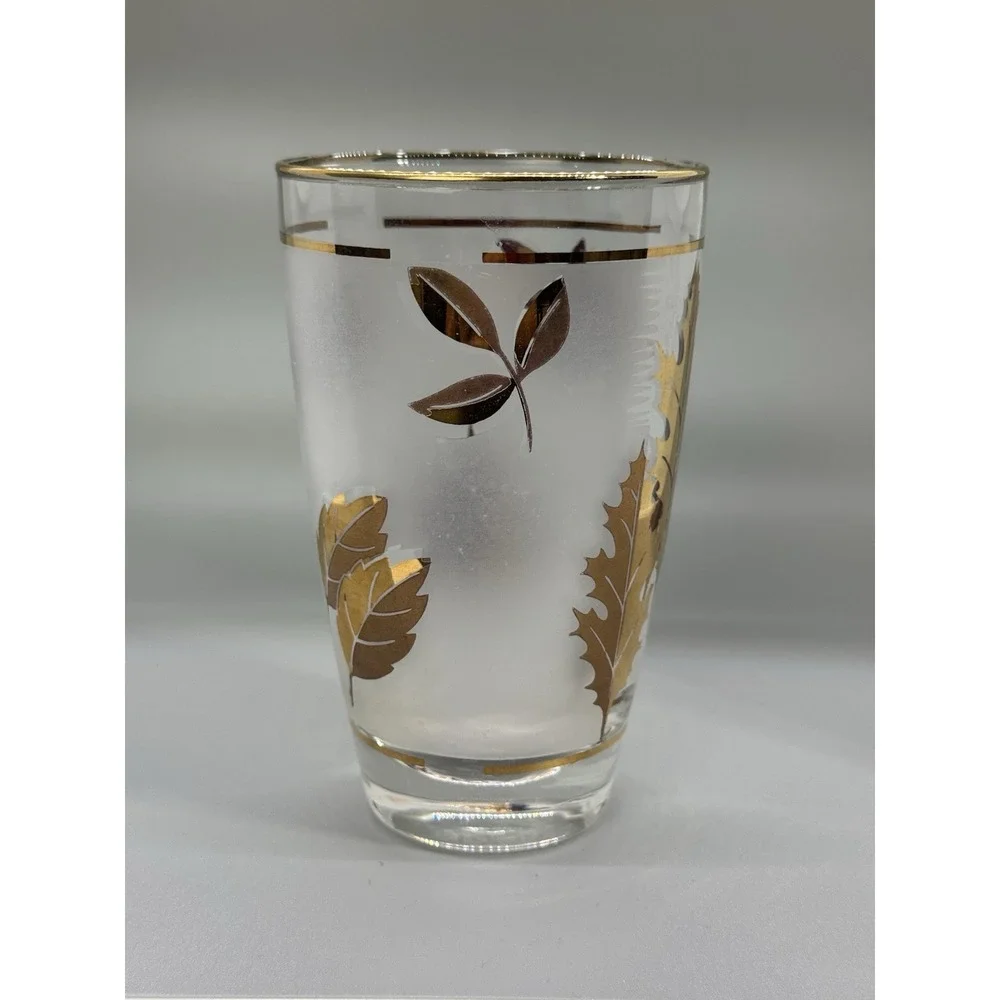 Vintage Libbey Frosted‎ Gold Leaf Tumblers Glasses Gold Rim 5-1/4